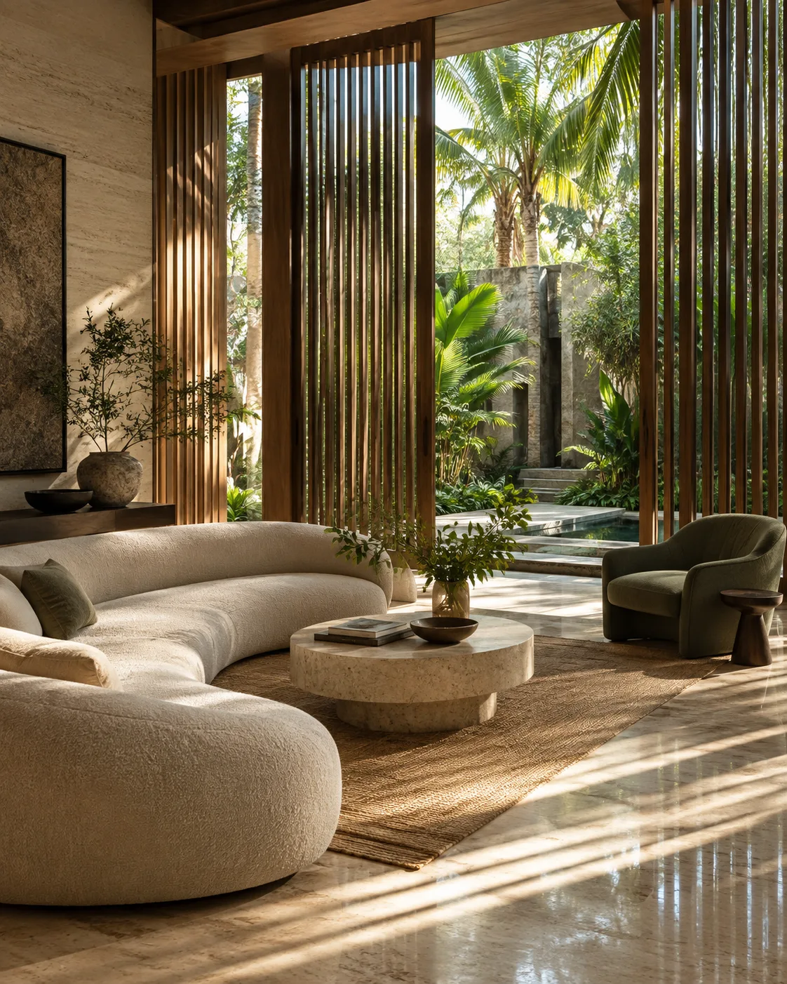 A light filled living room overlooking greenery