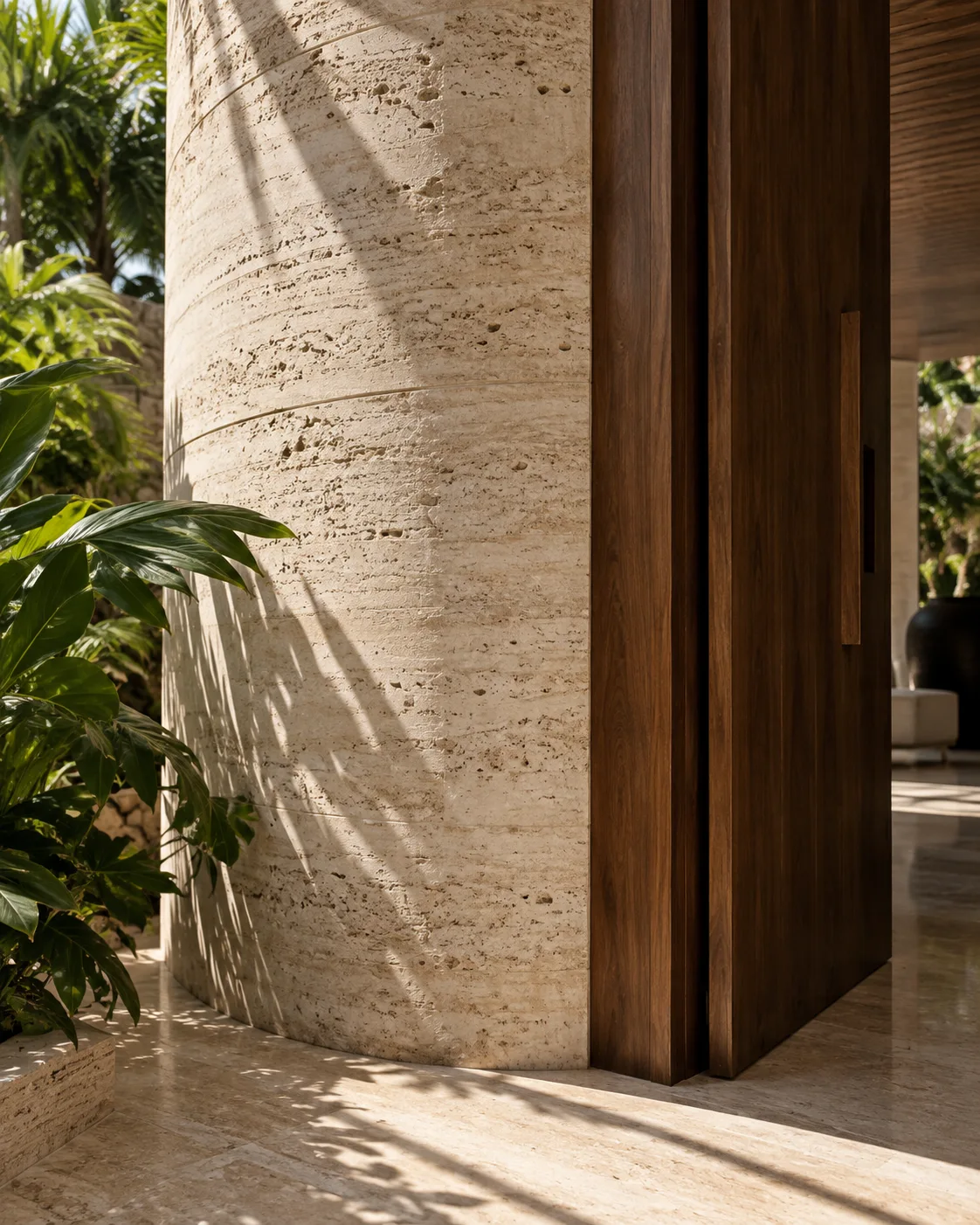 Detail of a stone wall, timber door and afternoon shadows