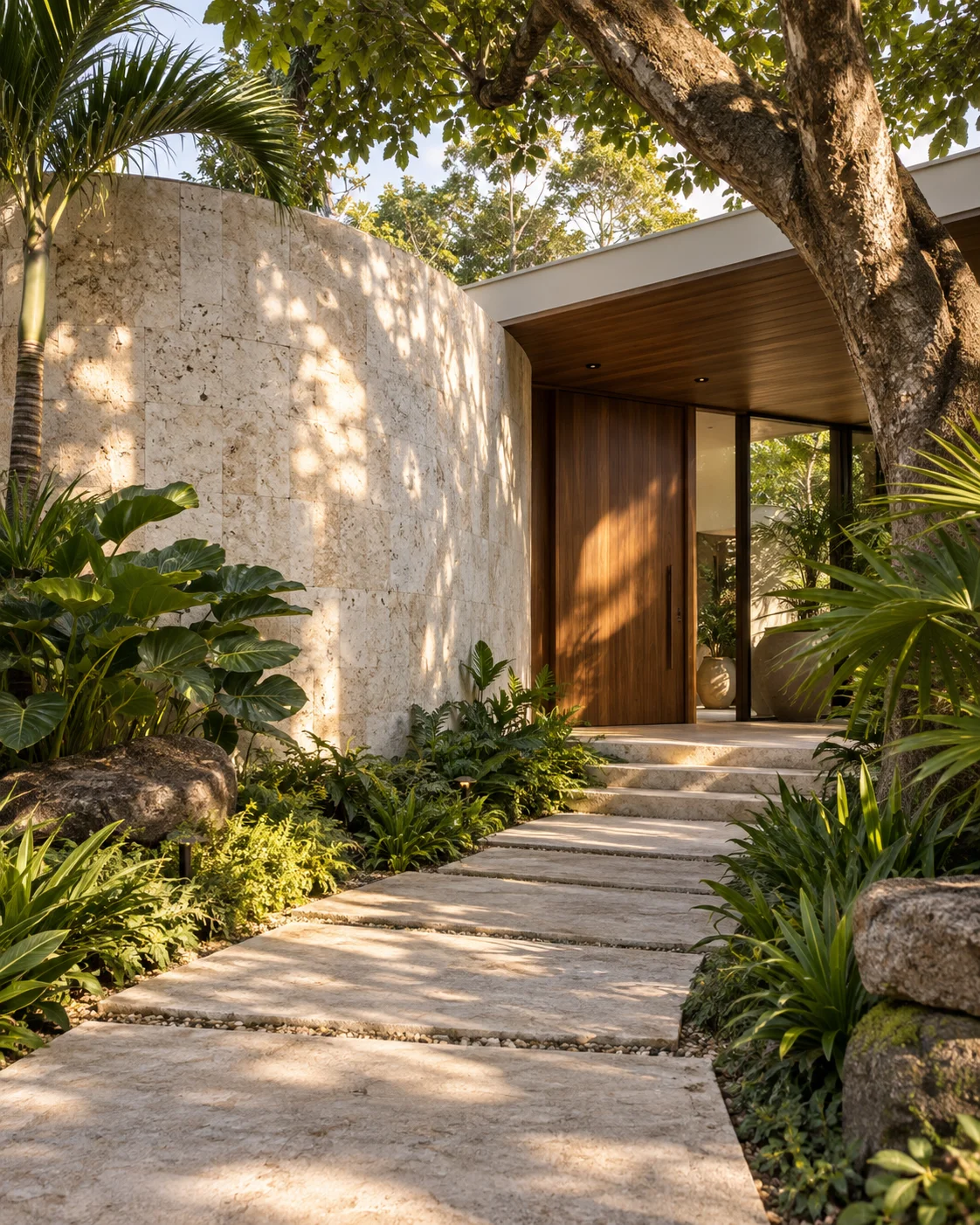 Tropical home entrance with limestone, timber and garden planting