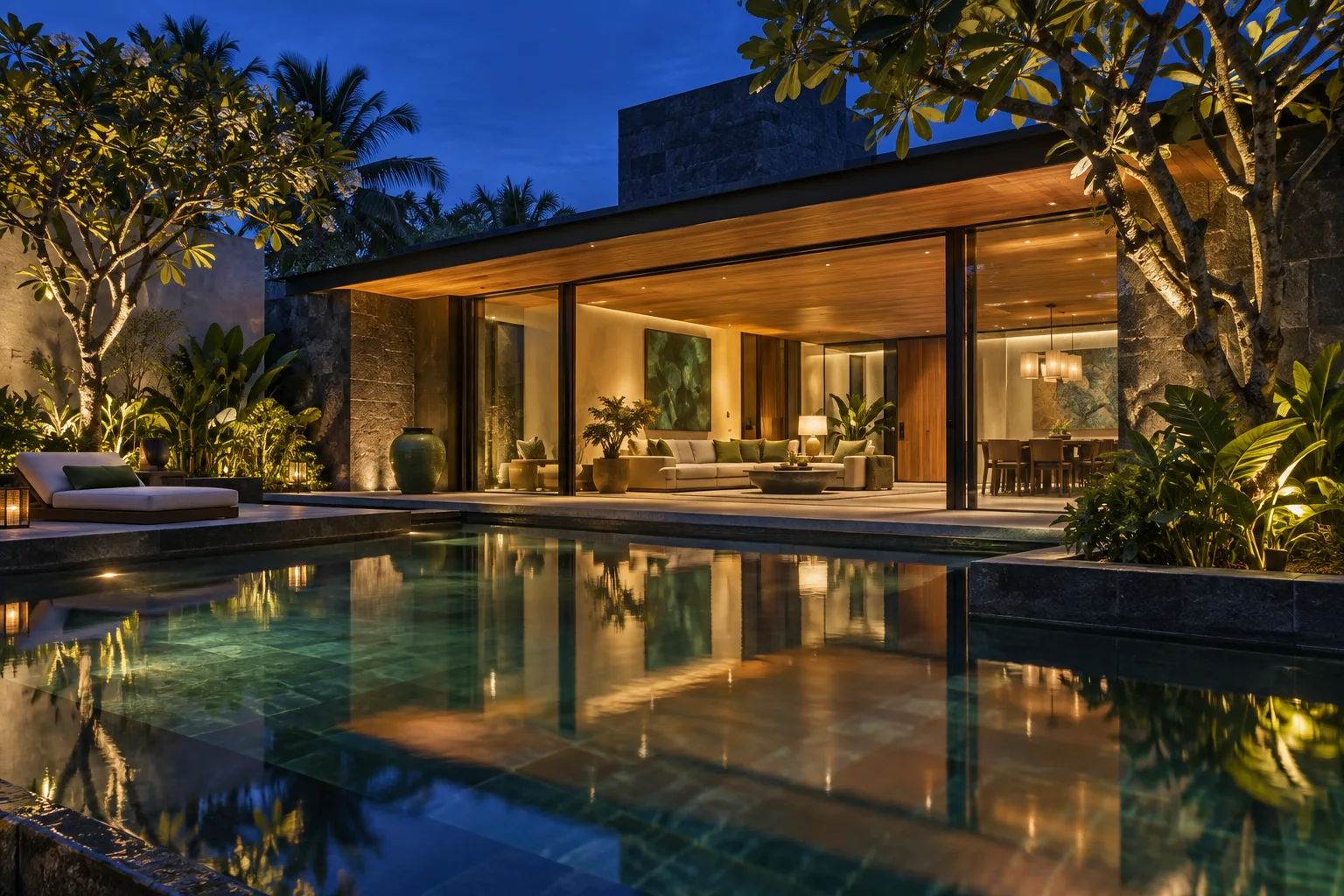 A warmly lit tropical home beside a pool at dusk