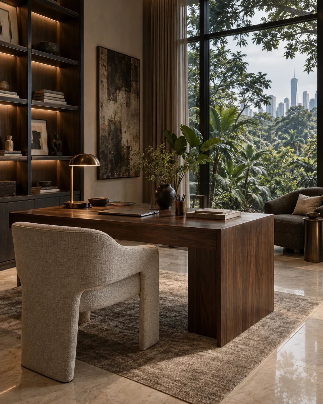 Walnut study with a view of tropical greenery