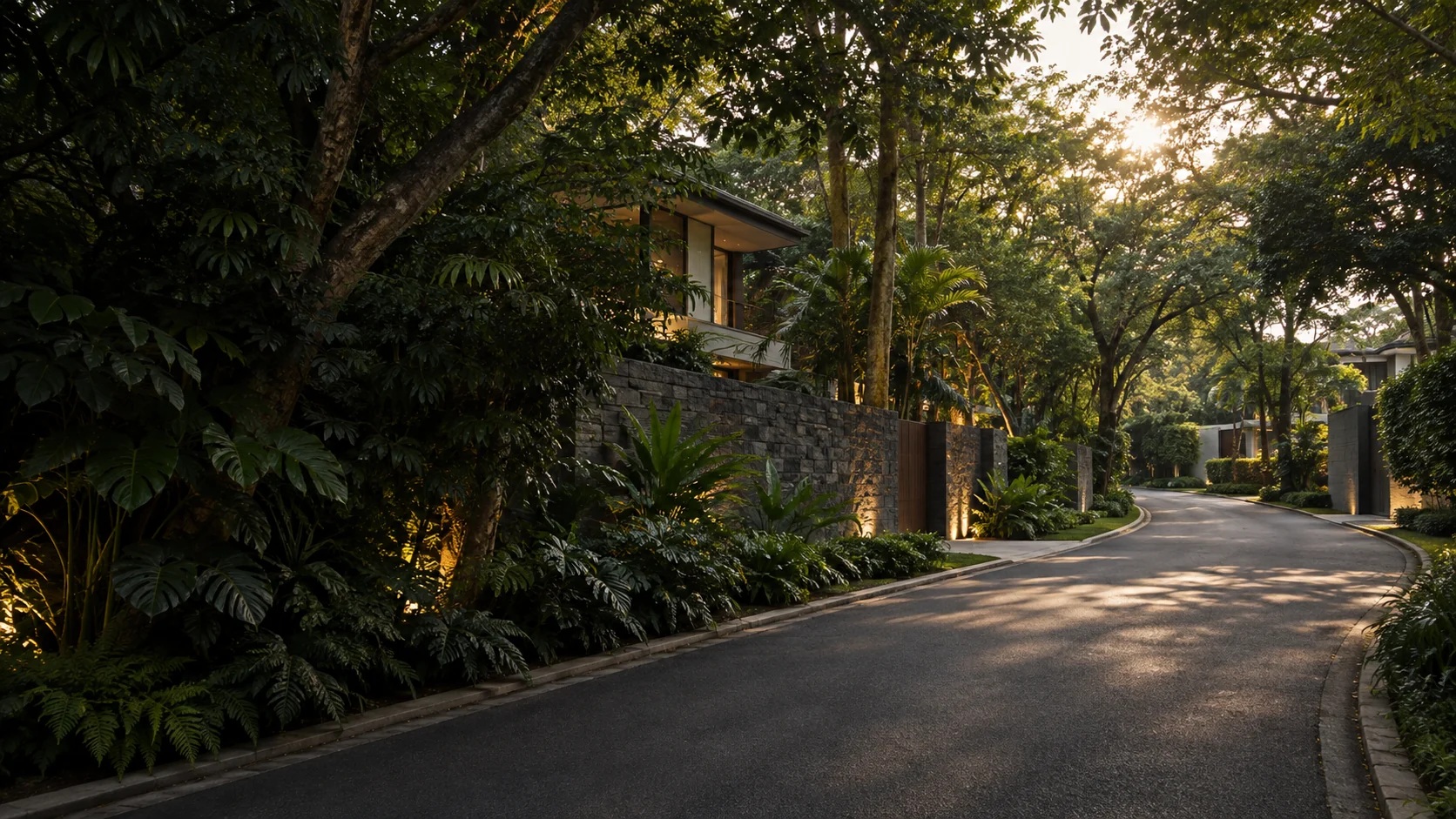 Leafy hillside arrival, architectural visualisation inspired by Country Heights Damansara