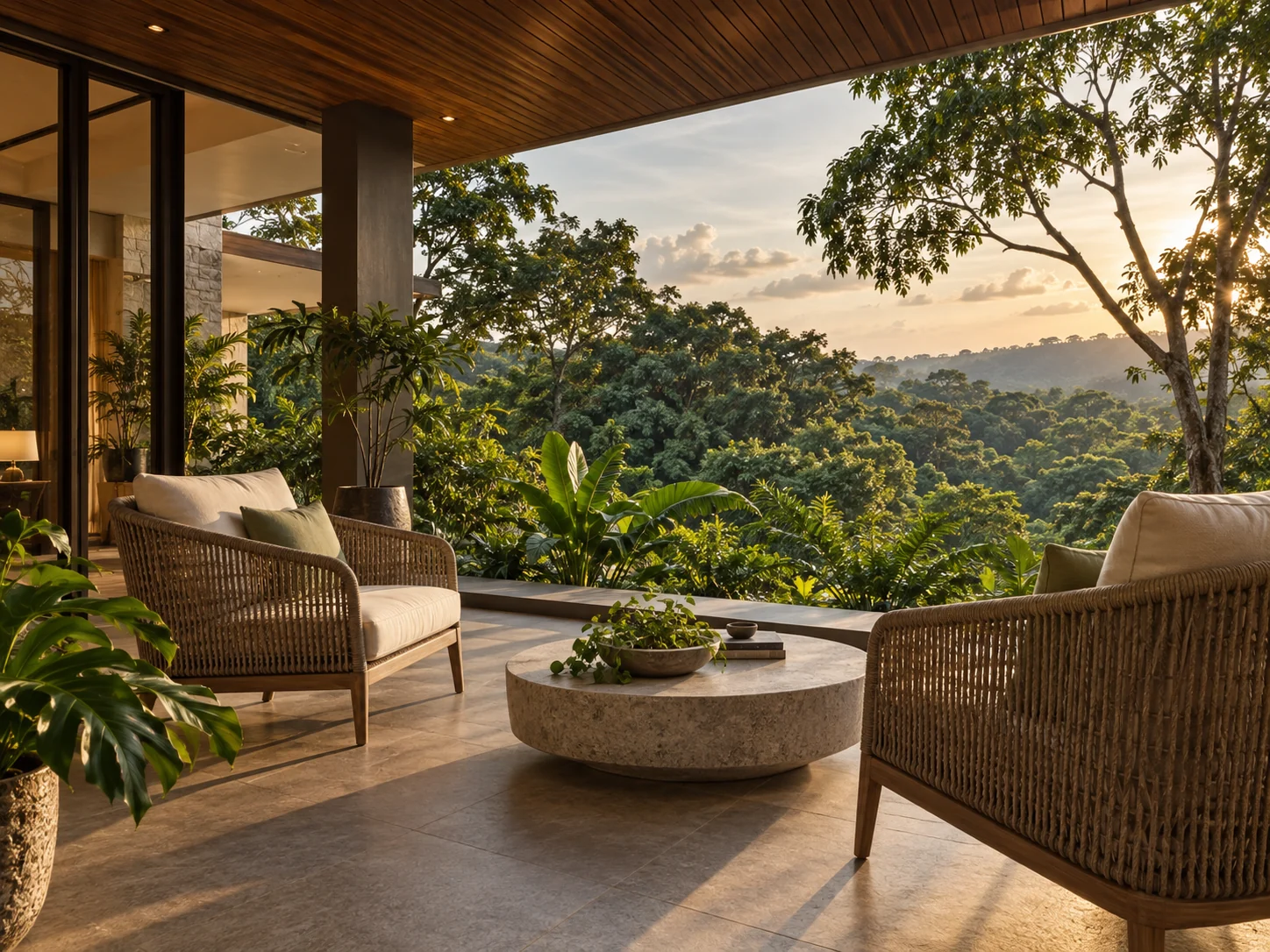 Outdoor terrace overlooking greenery, architectural lifestyle visualisation